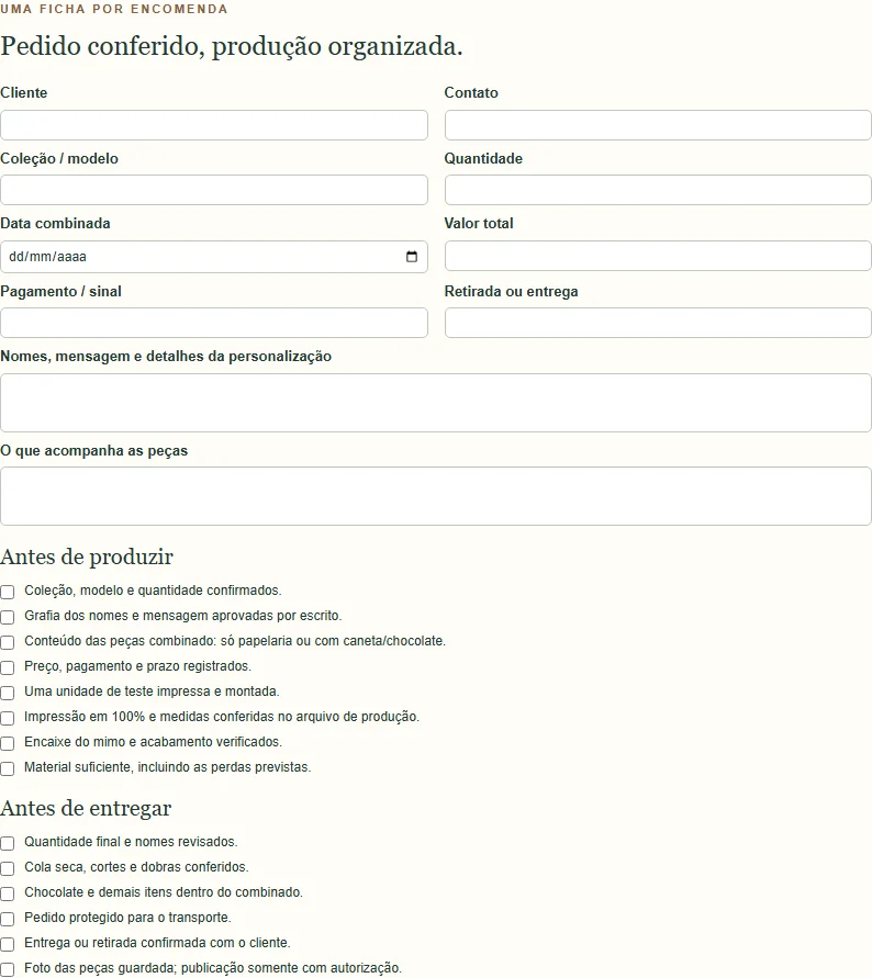 Prévia da Ficha de Pedidos e Legendas